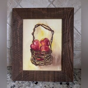 Vintage Original Artwork Watercolor of Apples in a Basket Folkart Hand Painted